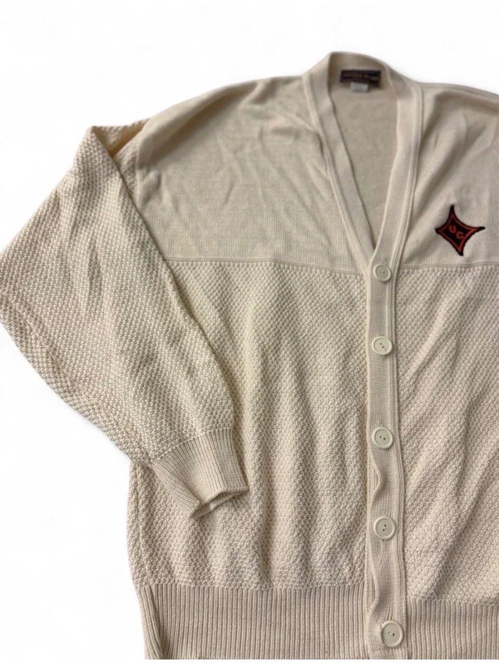Vintage Andrew Rohan Cream Knit Cardigan Sweater XXL Made in USA Varsity Patch